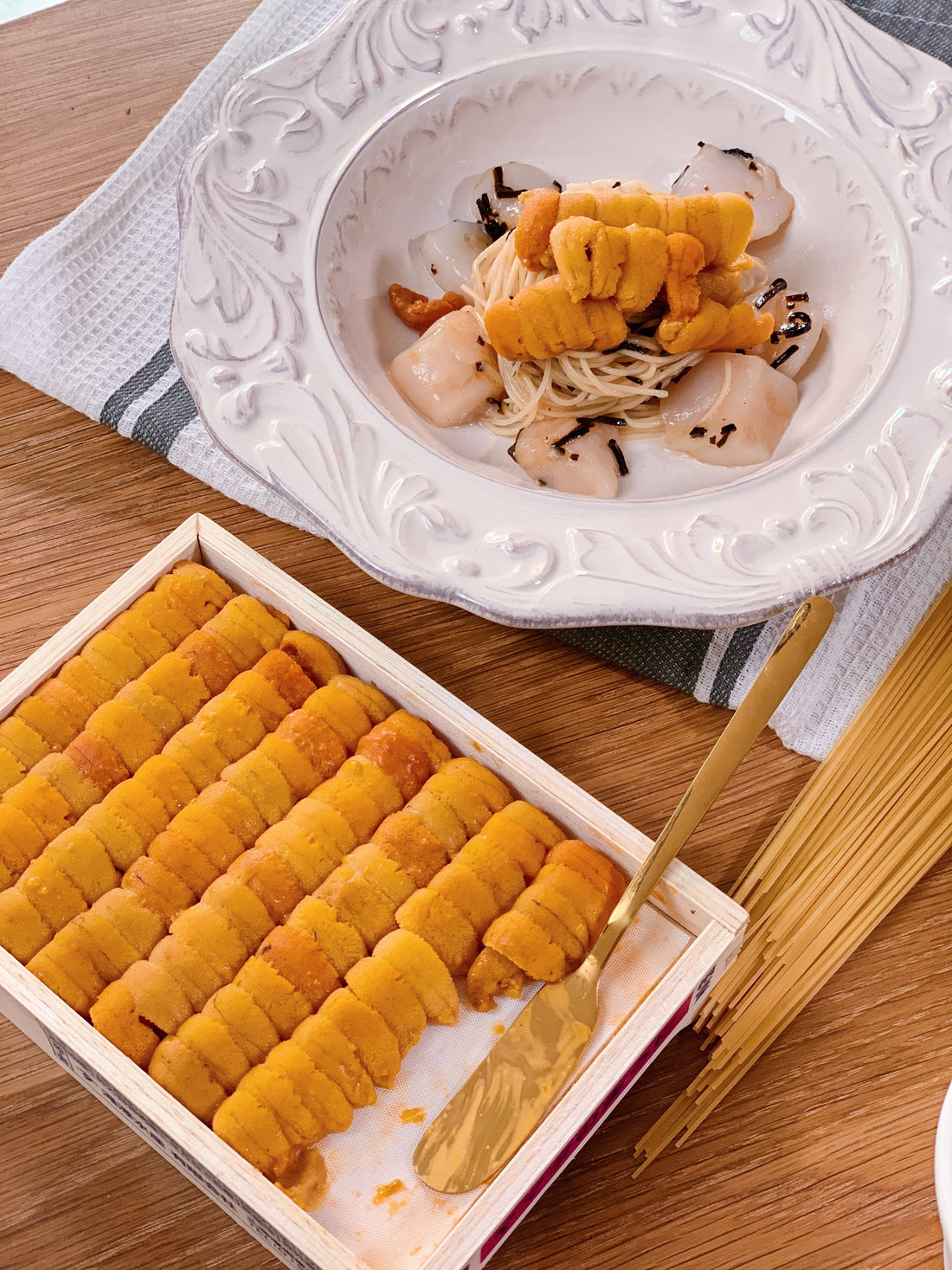 Cold Angel Hair Pasta with Truffle Oil, Hokkaido Scallops, Kombu & Uni