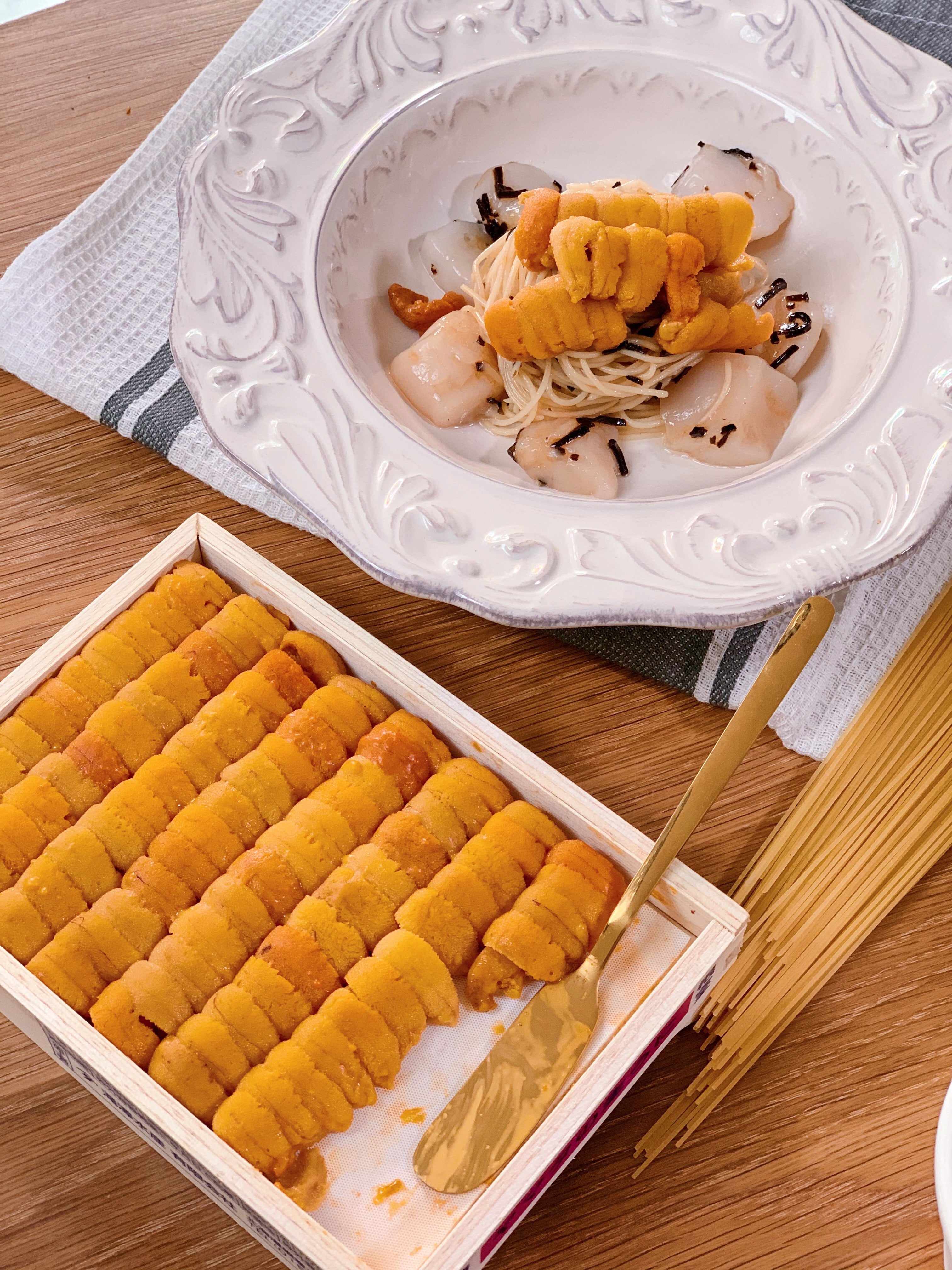 Cold Angel Hair Pasta with Truffle Oil, Hokkaido Scallops, Kombu & Uni