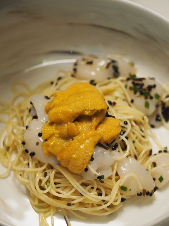 Cold Angel Hair Pasta with Truffle Oil, Hokkaido Scallops, Kombu & Uni