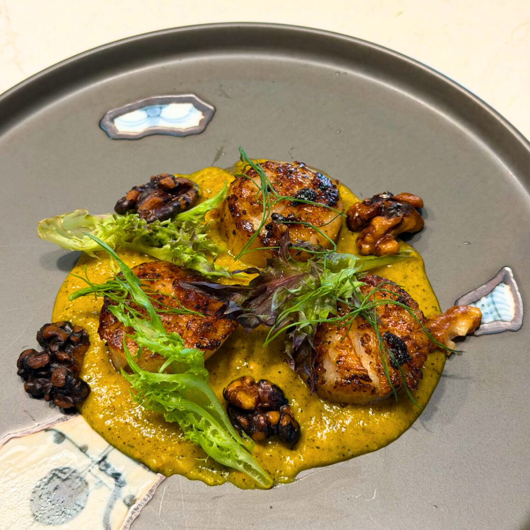 Charred Corn "Velouté" with Seared Scallops & Candied Fried Walnuts