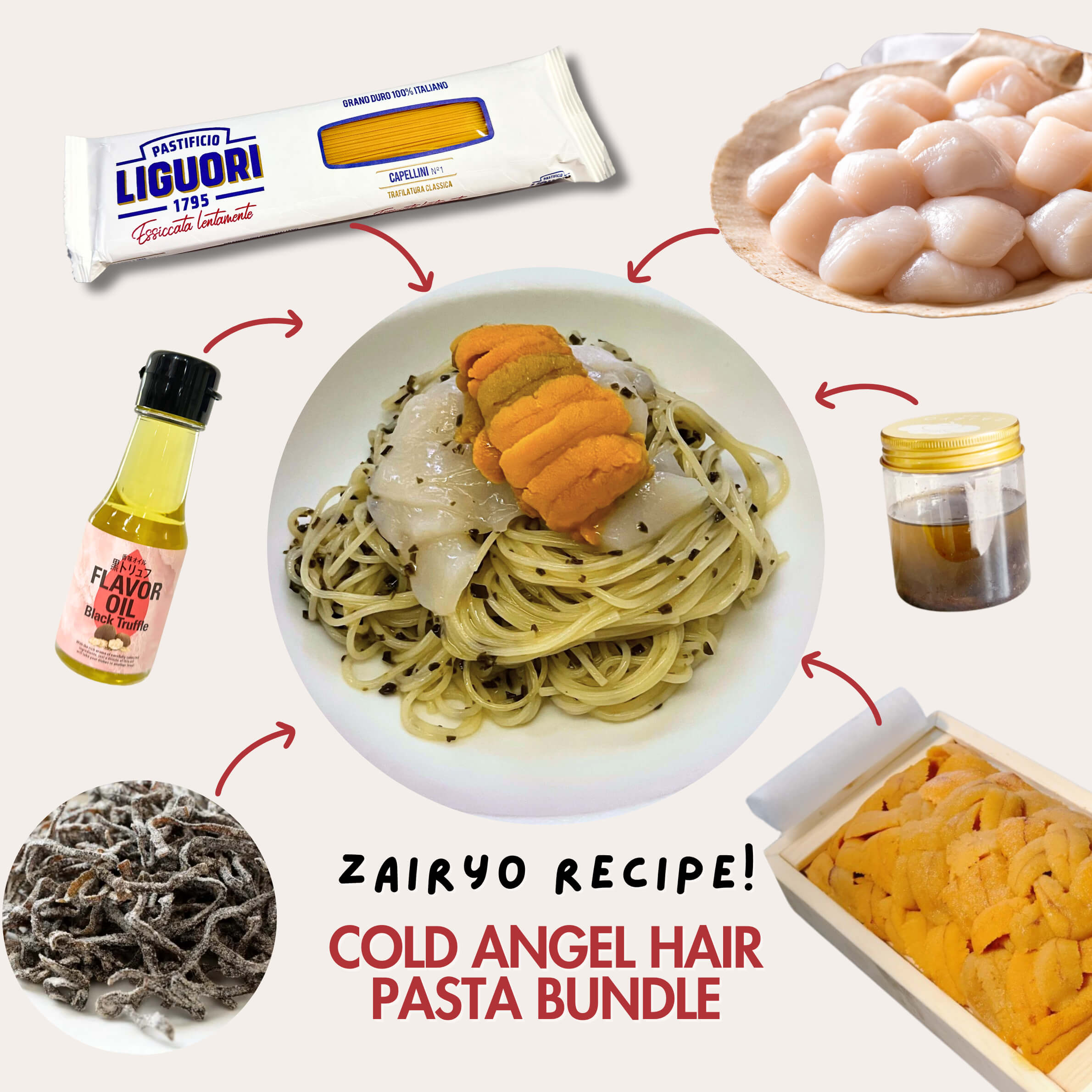 Cold Angel Hair Pasta Set with Uni, Hotate - Zairyo